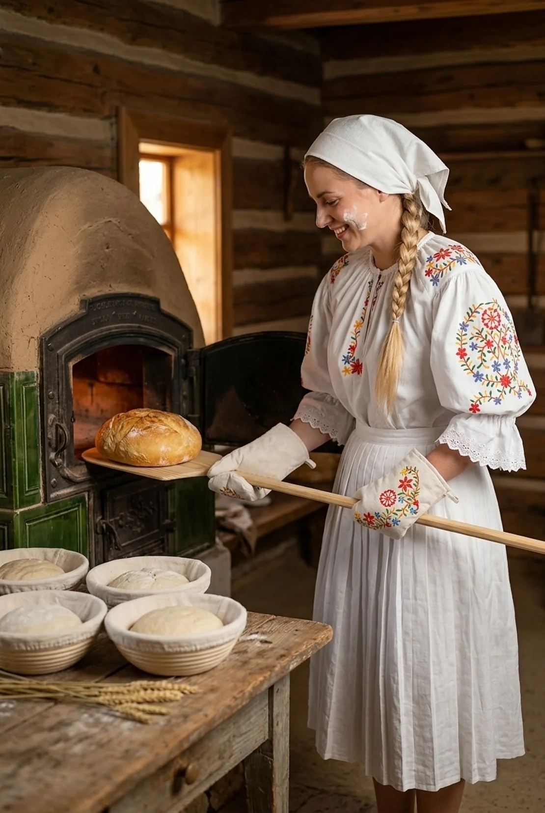 Pečenie domáceho chleba, dieča v slovenskom kroji vyberá z pece čersvý chlieb