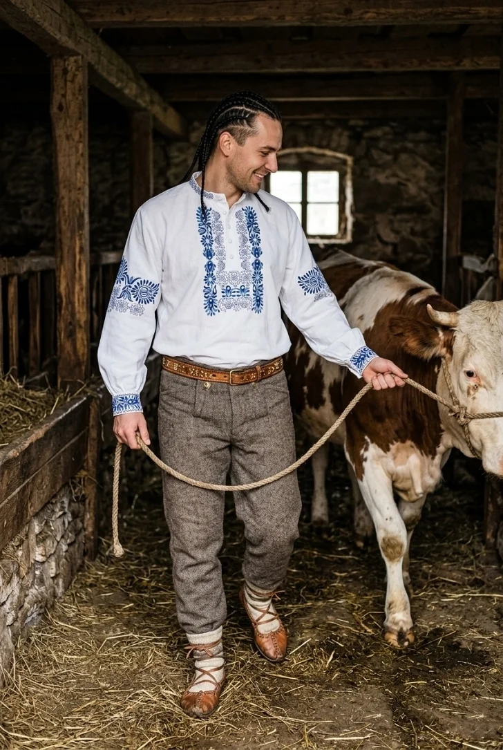 Sedliak  v slovenskom kroji vedie svoju kravu na pašu